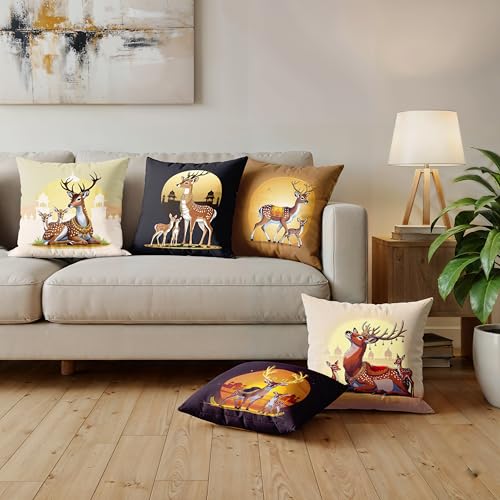 Image of Ultimate Trends Digital Printed Soft Cotton Feel Polyester Decorative Cushion Cover, Modern Eligent Designs, Heavy Long Life Fabric,12 inch X 12 inch Set of 5,Brown Deer