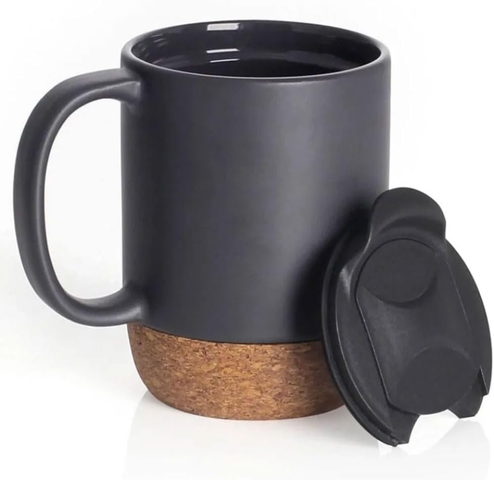 Classic Black Mug with Cork Base, Splashproof Lid, Insulated Cork, Keeps Drinks Hot for 1 Hour, Customizable, Ideal Gift for Coffee Lovers, 420ml Black Coffee Mug