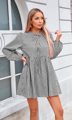 Womens Fall Casual Long Sleeve Babydoll Gingham Mini Dress Vacation Cute Swing Flowy Summer Plaid Short Dress3