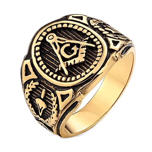 Dsnyu Anillos Sellos, 10mm Anillos Acero Inoxidable Sello Masónico G Masónico, Anillo de Oro Joyas Fiesta Talla 25