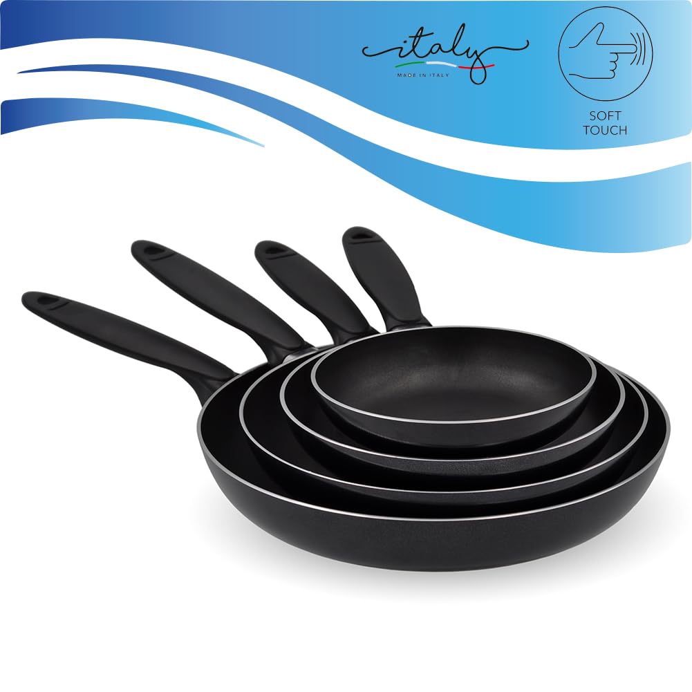 BAKAJI Lot de 4 poêles volcano diamètre 16-20 – 24-28 cm Made in Italy, revêtement antiadhésif PFOA libre, cuisson homogène, poignée thermique cool et Soft Touch, idéal pour cuisinières à gaz