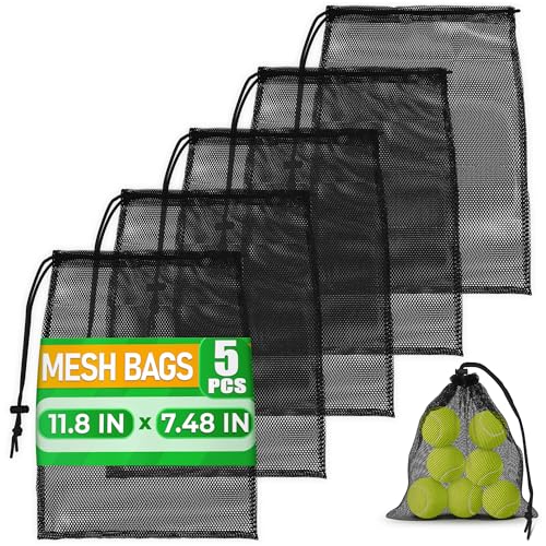 Mesh Backpack Drawstring Black 5Pcs 11,8x7,48'' – Strong, Lightweight, Breathable Mesh Bag with Lock, Quick-Dry and Tear-Resistant – Easy to Tighten and Adjust for Travel, Swimming & Ball Storage