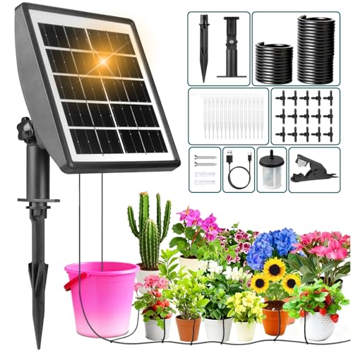 Solar Automatische Bewässerung Outdoor Bewässerungssets für 15 Topfpflanzen, Indoor Gartenbewässerungssystem mit Wassertimer, 15 M Schlauch und USB-C Kabel für Garten, Balkon Pflanzen (15 Tropfer)