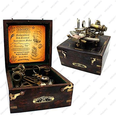 REPLICARTZ J. Scott Brass Sextant Astrolabe Instrument with Wooden Box Cover