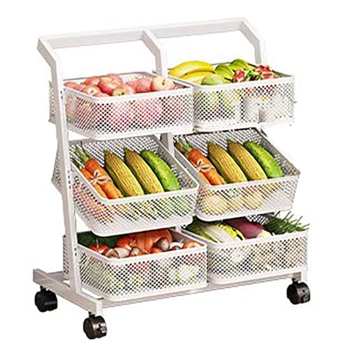 Carrito de despensa rodante de 3 niveles con cestas de malla extraíbles, estante móvil de cocina para frutas, verduras, aperitivos, soporte de exhibición de metal blanco con ruedas