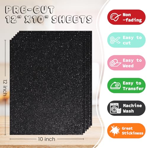 Image of 3D Puff Glitter HTV, 6-Pack 12 inchx10 inch Sheets. Iron-On Vinyl for Fabrics, Compatible with Cricut & Cameo for Easy DIY T-Shirts & Crafts. (Blak Glitter Puff, 12 inch x 10 inch)
