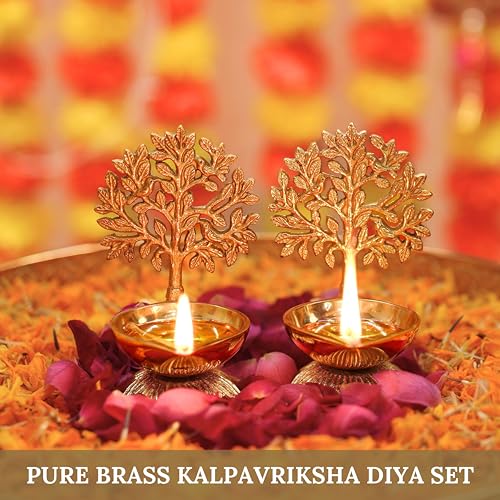 Image of Behoma 100% Pure Brass Kalpavriksha Diya for Puja - Set of 2 | Religious Deepak for Mandir, Temple, Office & Home Decoration | Handcrafted Life Tree Diya for Pooja Room & Housewarming Gift