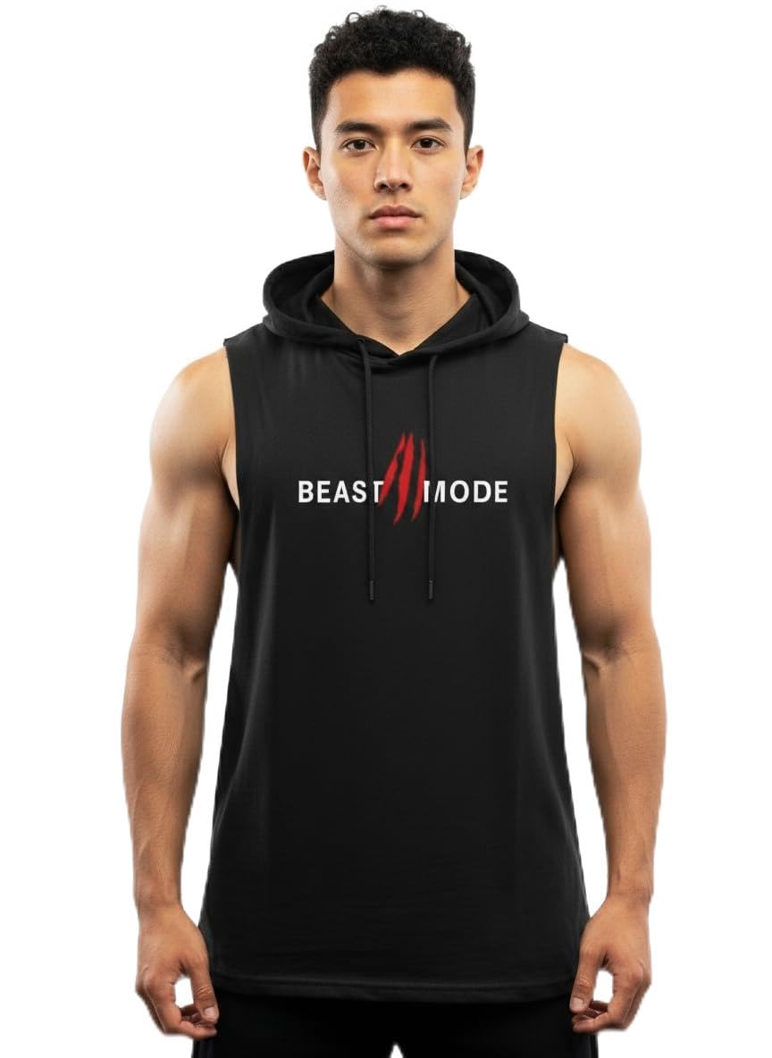 cliffix Beast Mode Sleeveless Hoodie for Men, White, Graphic Print Workout Tank Top-picture-51