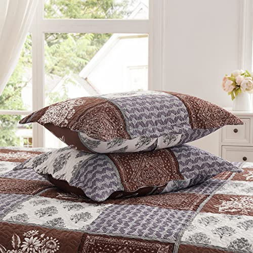 LEAONME 3 Pieces California King Size Quilt Set Brown Oversized 120x120 Inch Bedspread Coverlet Lightweight Microfiber Patchwork Bed Cover for All Seasons (1 Quilt, 2 Pillow Shams)