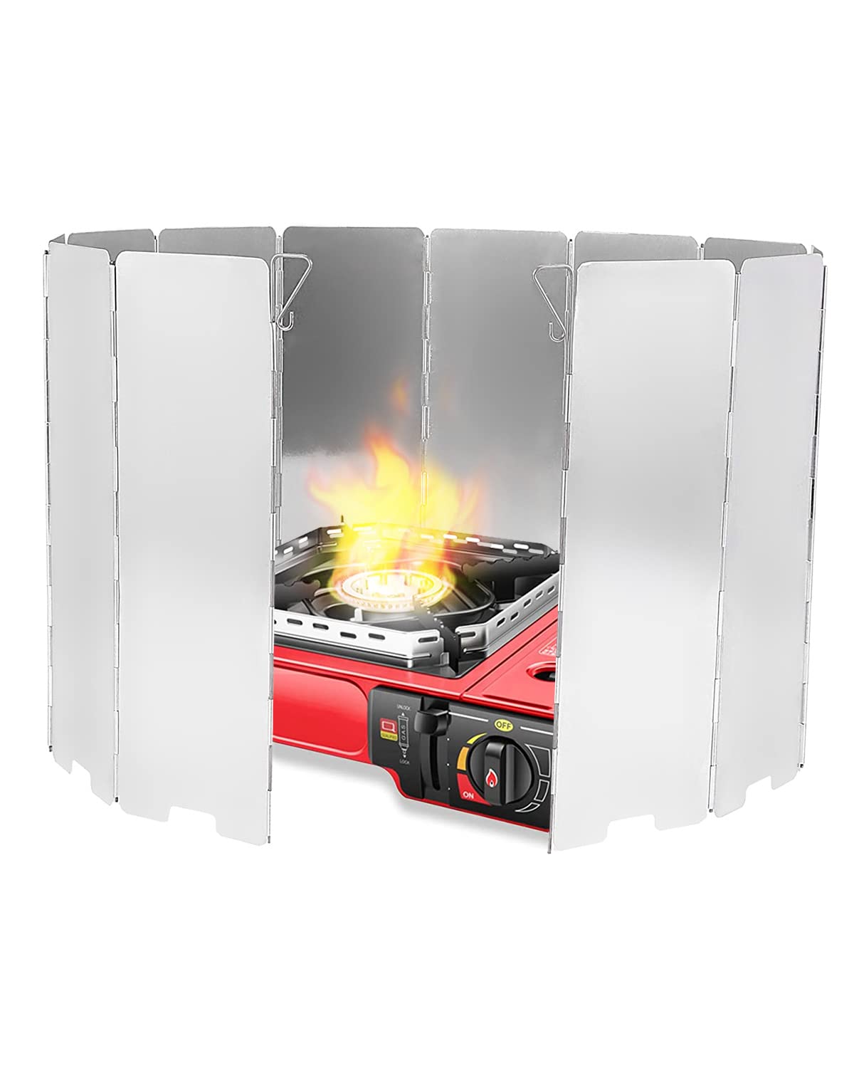 Olutula 16-Panel Foldable Stove Windshield, Portable Aluminium Windshield with Heat Reflective Design, Retractable Stakes and Waterproof Storage Pouch for Outdoor Cooking Protection