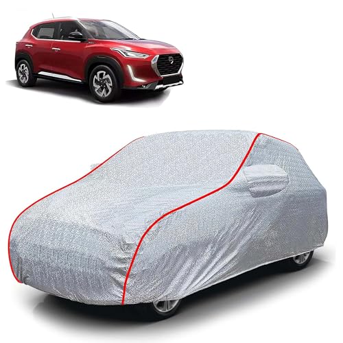 Image of Sulfar 100% Waterproof Car Body Cover Compatible with Mirror for Nissan Magnite (Triple Stitched, Full Bottom Elastic, Magic Silver with Red Piping)