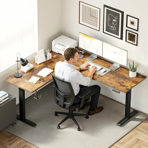 Image of Agilestic L Shaped Standing Desk 63 x 55 inch Adjustable Height, Electric Corner Standing Desk, Sit Stand Computer Table with Splice Board, Vintage Brown