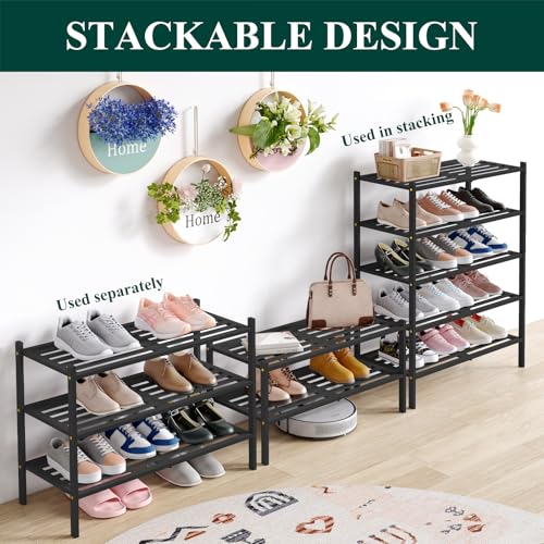 Image of Smiry Bamboo Shoe Rack, 5 Horizontal Slats, 4 Tier - 26.8 inch Wide, Black