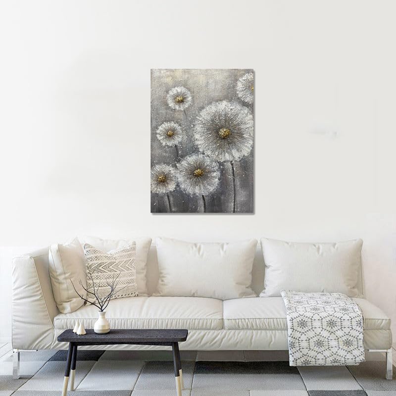 Boieesen Art,24x36Inch 100% Hand Painted Minimalist Dandelion Oil Painting White Wildflowers Wall Art Grey and Gold Floral Canvas Paintings Neutral Landscapel Artwork Oil Hand Painting for Living Room