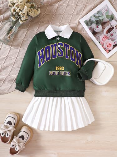 Image of Floerns Toddler Girls 2 Piece Outfit Colorblock Letter Graphic Collared Sweatshirt and Pleated Skirt Set Green and White 6Y