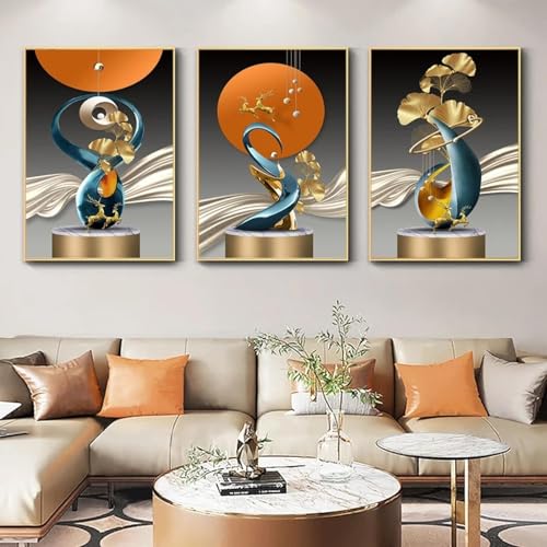 Affiches d'art mural cerf feuille d'or lignes géométriques triptyque de salon 60x90 cm sans cadre