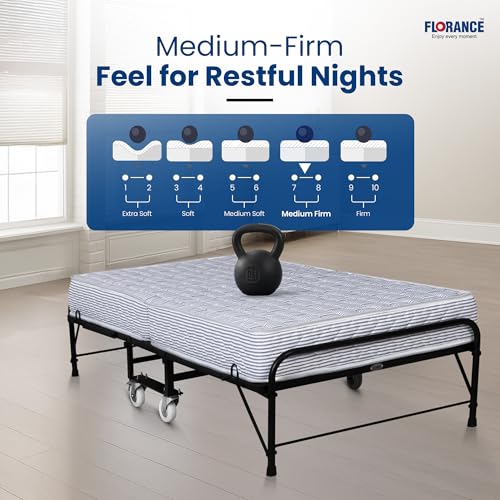 Image of Florance Rollaway Folding Bed with 6-Inch HR Foam Mattress | Heavy-Duty Wrought Iron Frame, Lockable 360 Wheels, Space-Saving & Portable Design, Quilted Cotton Cover, Single Size, 75x36x6 Inches