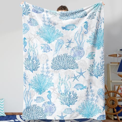 Blue Ocean Beach Throw Blanket Nautical Coastal Bed Blanket Starfish