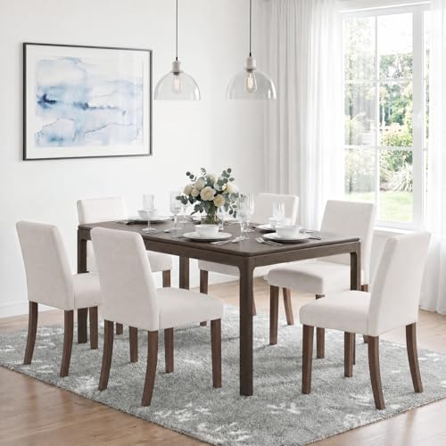 Image of Upholstered Dining Chairs Set of 6, Mid-Century Dining Room Chairs with Wooden Legs, Farmhouse Fabric Parsons Chairs for Small Space Restaurant & Cafe- Light Beige