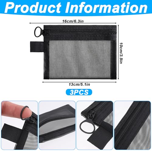 3PCS Mini Zipper Mesh Bags, 4" x 5" Nylon Mesh Cosmetic Bag, Portable Travel Cosmetic Pouch, Small Mesh Zipper Pouch for Daily Toiletries Office Supplies & Cosmetics Travel Accessories (Black)2