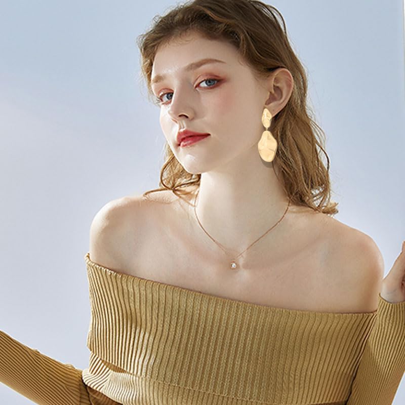 14K Gold Plated Posts Teardrop Statement Dangle Earrings for Women Lightweight Hammered Earrings Irregular Gold Stud Earrings Vintage Jewelry Gift - Image 2