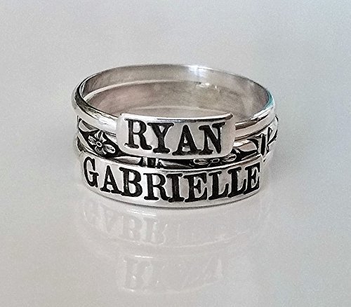 Personalized Sterling Silver Stacking Ring, Custom Name or Mother's Ring Stackable, Name Rings, Mothers Day Gift, Child Name Ring - 2 Name Set in Bold Chronicle Font with Fine Silver Floral Bands