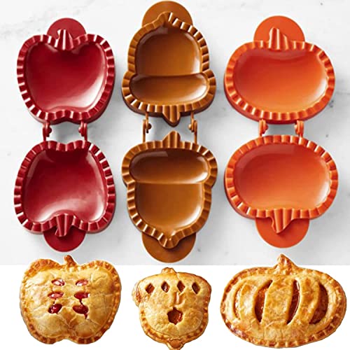Jxueych 3 Pieces Dough Presser Pie Molds, Party Potluck Hand Pie Molds, Fall Apple Pumpkin and Acorn Shapes Mini Pocket Pie Maker