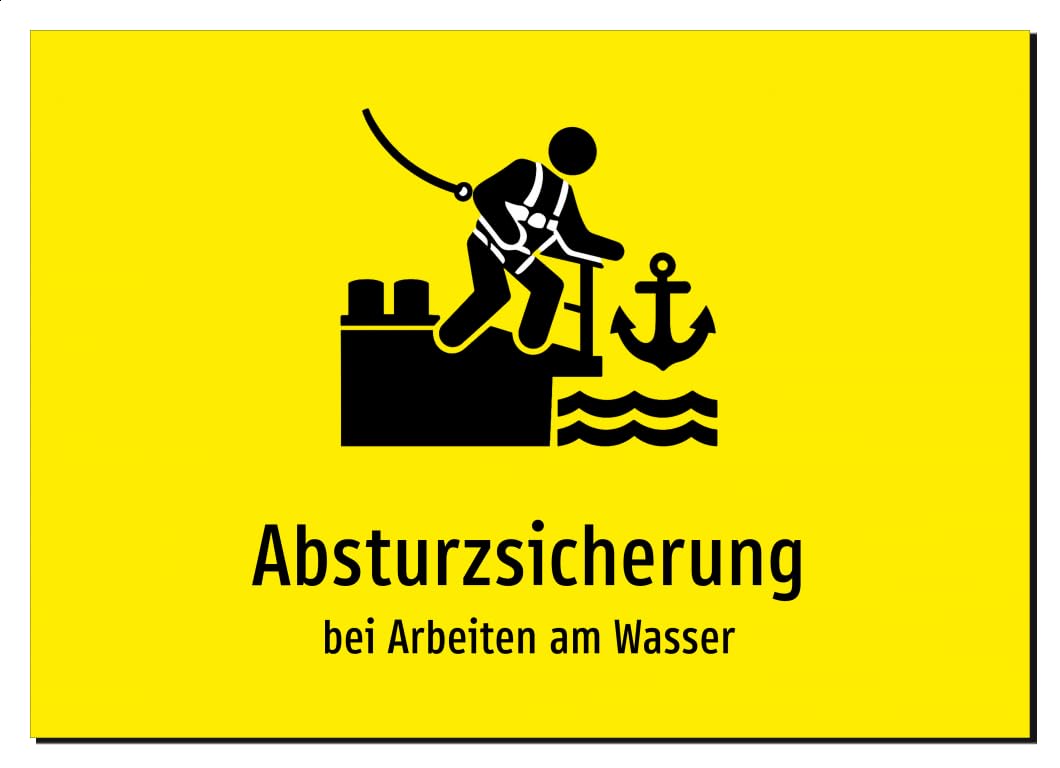 33034-DE-S-08 | Absturzsicherung - bei Arbeiten am Wasser | Aluminiumschild A3, 420 x 297mm | mit Symbolgrafik und Text
