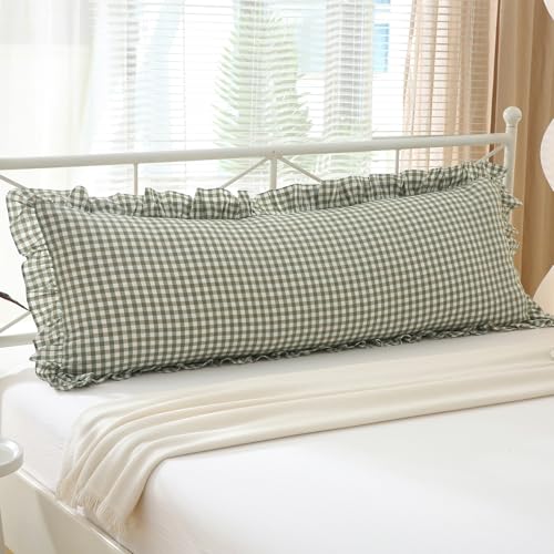 K MASANIJI Sage Green White Plaid Gingham Body Pillow Cover with Ruffles, 100% Washed Cotton Rustic French Country Vintage Pillow Shams for Bed/Sofa - 20"x54"