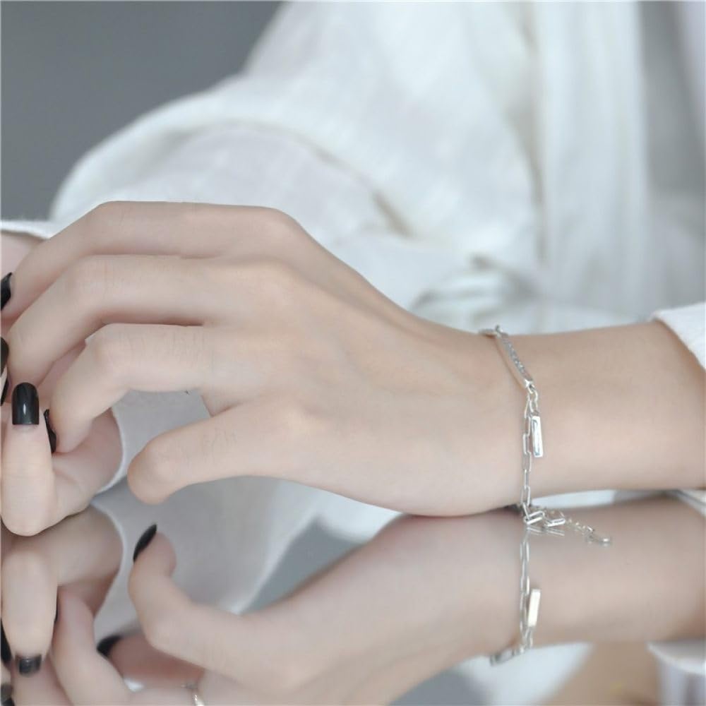 Armband Damen Silber,S925 Silber Armband Silberner Rechteckiger Anhänger Panzerkette Spleißendes Silberarmband Armreif Mit Verstellbarer Silberkette Glücksschmuck Für Frauen