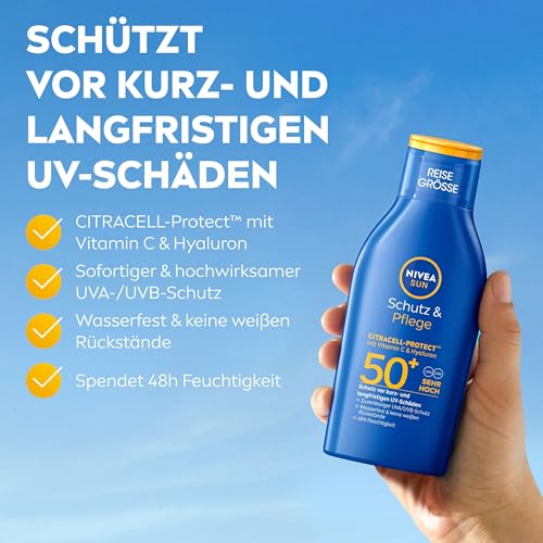 NIVEA SUN Schutz & Pflege Sonnenlotion LSF 50+, wasserfester Sonnenschutz mit Vitamin C & Hyaluron, schnell einziehende Sonnencreme für 48h Feuchtigkeit ohne weiße Rückstände (100 ml) – Bild 3