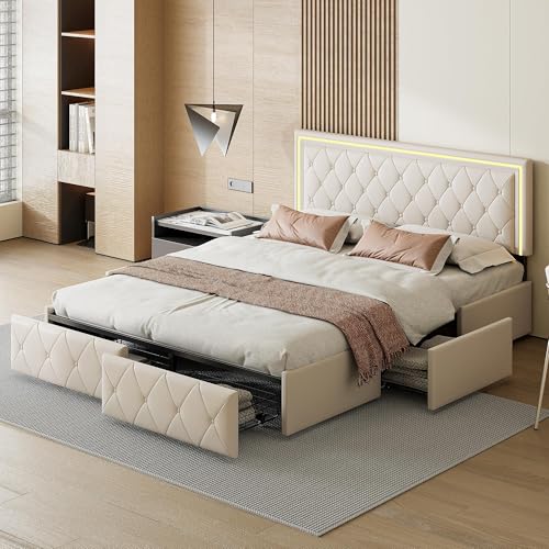 WSOFZMO Polsterbett 160x200 mit Stauraum, Doppel Bett 160x200 mit Lattenrost, Boxspringbett Jugendbett, Betten mit 4 Schubladen, PU, ohne Matratze (Stil2, 160 * 200) – Bild 5