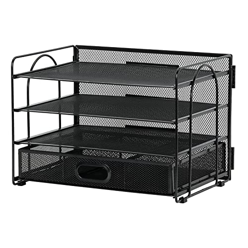 EasyPAG 4 Tier Desktop A4 Mesh Filing Tray Office Desk Tidy File Holder Paper Organiser Magazine Storage Rack with Stationery Drawer,Black - Image 4