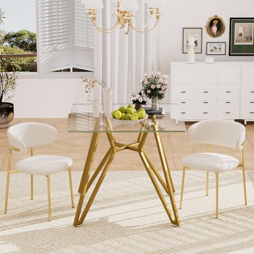 Image of Small Space Dining Table 35.4-Inch Square Tempered Glass, Gold Finish for 2-4 People, Sturdy Metal Legs for Kitchen, Dining Room, and Living Room Furniture