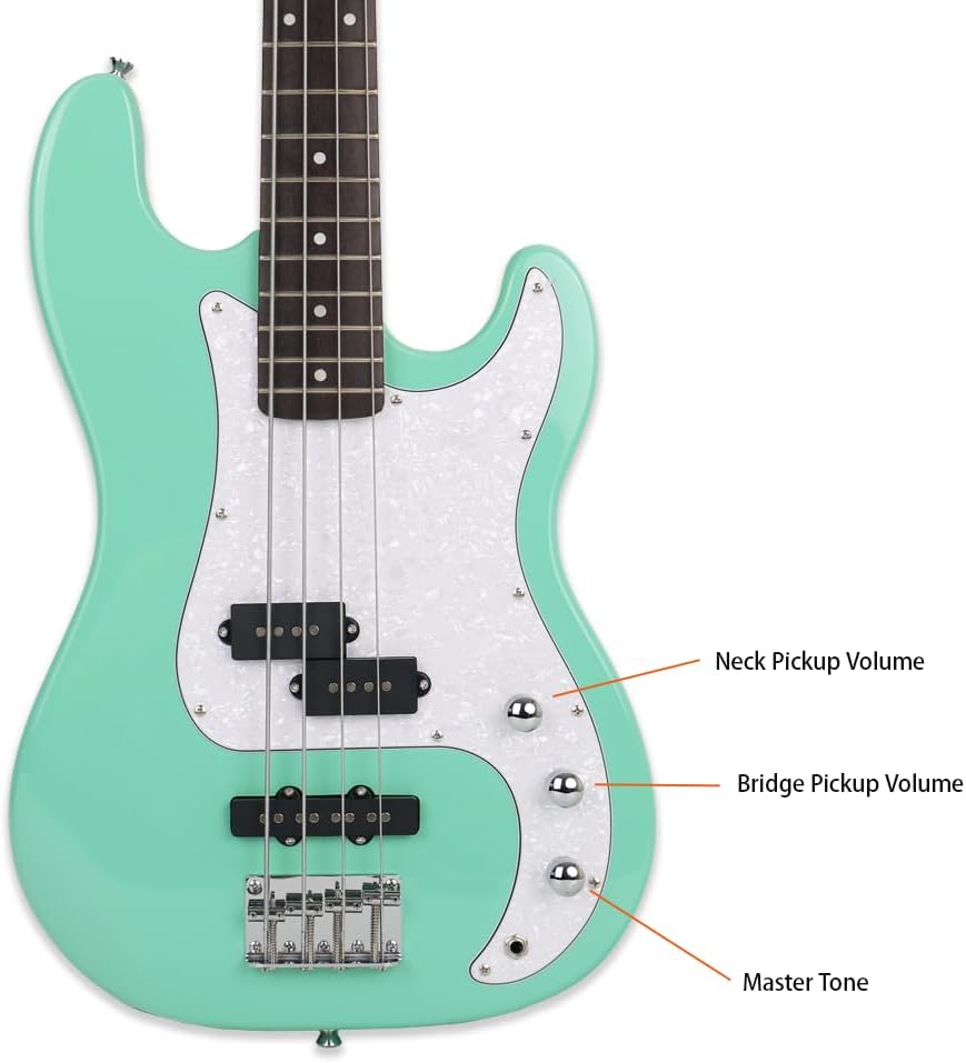 Fojill Full Size Four String Electric Bass Guitar With 10 Watt Amplifier 4 String Right Handed Beginner Kit Set With 600D Gig Bag,Picks,Noiselss Cable,Extra Strings(GGR)