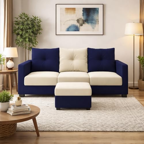 Image of FURNY Amonster 4 Seater L Shape Sofa Set with Movable Ottoman | Flexible Left or Right Layout | Plush Velvet Fabric (Dark Blue-Cream) | Perfect for Living Room, Guest Room & Office