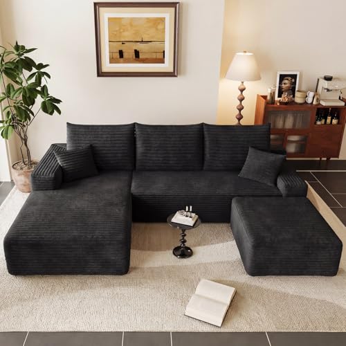 Image of 95 inch U-Shape Cloud Couch, Modern Modular Sectional L-Shape Sofa with Ottoman, Corduroy Upholstered Couches Deep Seat Sleeper Chaise Longue for Living Room, No Assembly Required(Black, Left Facing)
