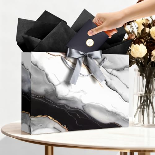 Image of JMANNI Gift Bags, Valentines Gift Bags with Ribbon, Portable Paper Gift Bag, Marble Pattern, for Any Occasion, Including Valentines Day Baby Shower Birthday Party Wedding Mothers Day(LP11-DLS06-L