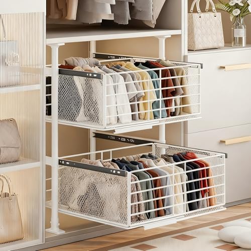 押入れ収納 衣装ケース 大容量 服 収納ケース スライドレール付き 伸縮式収納バスケット、クローゼット引き出しバスケット、炭素鋼製構造 取り付けに穴あけ不要、レイヤード整理、ワードローブ引き出し式バスケット収納(54-65cm)