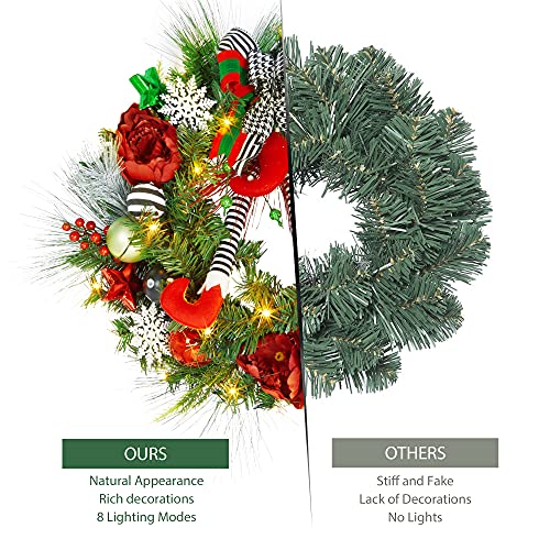 24" Prelit Christmas Wreath with Lights, Battery Operated Xmas Garland with Decorations, Wreath for Front Door Porch Wall Window Fireplace Outdoor Home Holiday Accent