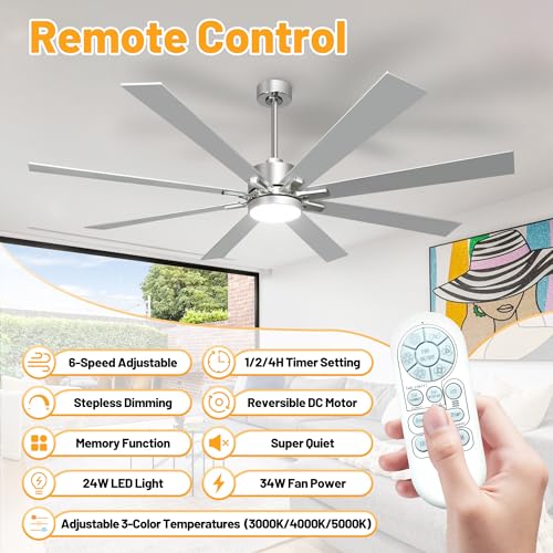 Image of hykolity 62 Inch Modern Flush Mount Large Nickel Ceiling Fan with Light