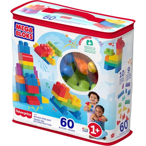 Mega Bloks, Bausteine für Kinder ab 1 Jahr, 60 Bauklötze, mit wiederverwendbarem Aufbewahrungsbeutel, fördert Kreativität und Fantasie, Spielzeug ab 1 Jahr, DCH55