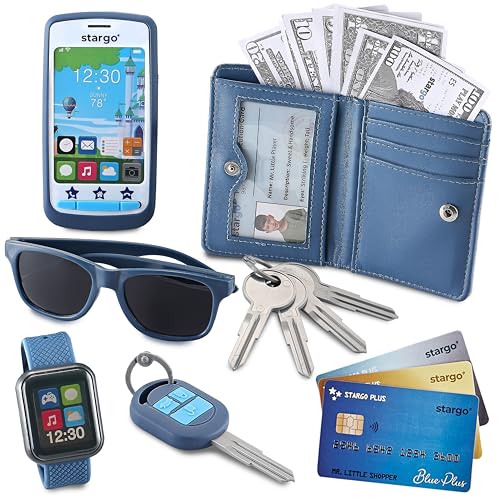 Educational Toys to Teach Kids About Money | Easy Peasy Finance for Kids and Beginners Play Wallet for Boys with Money and Pretend Play Toys, Cellphone, Smartwatch, Keys, Sunglasses, Toddler Wallet for Kids Ages 3 4 5 6 7 8 9 10 11 12 - Grown Up Pretend Play Set for Kids