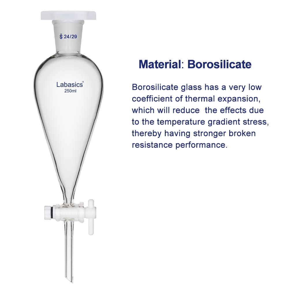 Labasics Imbuto Separatore Conico a Parete Pesante in Vetro Borosilicato con 24/29 Giunti e Rubinetto di Arresto in PTFE, 250 ml