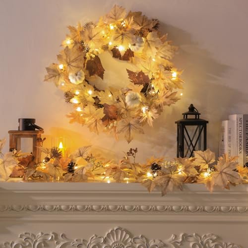 Image of Realistic Fall Wreath with Lights, 22 inch Fall Wreaths for Front Door with Pumpkins Fall Leaves Berries Pine Cones,Autumn Wreath Fall Decorations for Home Thanksgiving Halloween Decorations for Wall Door