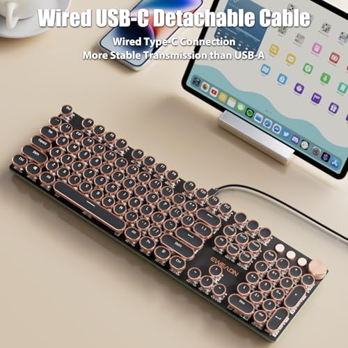 Image of Typewriter Style Mechanical Gaming Keyboard White LED Backlit 104-Key NKRO White Switches Retro Round Keycaps Golden Ring Volume Knob Metal Panel Wired USB-C Detachable Cable, Black