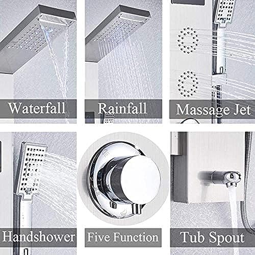 Panel de ducha led columna torre acero inoxidable con grifo, cascada, masaje, pantalla de temperatura, cabezal lluvia y ducha de mano miniatura 5