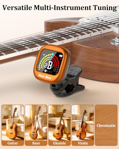 Image of New bee Guitar Tuner Rechargeable, Color Screen Clip On Tuner (Orange, 1 Pack) | 360 Rotatable, Fast & Accurate Chromatic Tuning, for Guitar, Bass, Ukulele, Violin, Cello