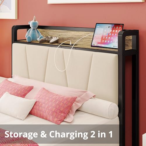 LIKIMIO Twin XL Bed Frames, Storage Headboard with Charging Station, Solid and Stable, Noise Free, No Box Spring Needed, Easy Assembly (Walnut and Beige)