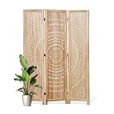 66.9Inch Folding Room Divider, 3 Panels Wood Carved Privacy Screens, Free Assembled Freestanding Partition for Home Office Restaurant Bedroom (Natural)